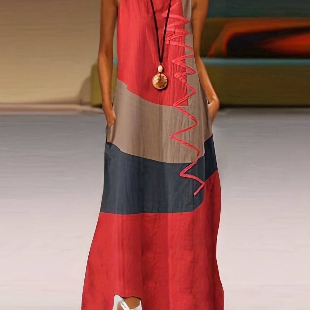 Travvel Passions - Red, Tan and Black Color Block Sleeveless Maxi Tank Dress
